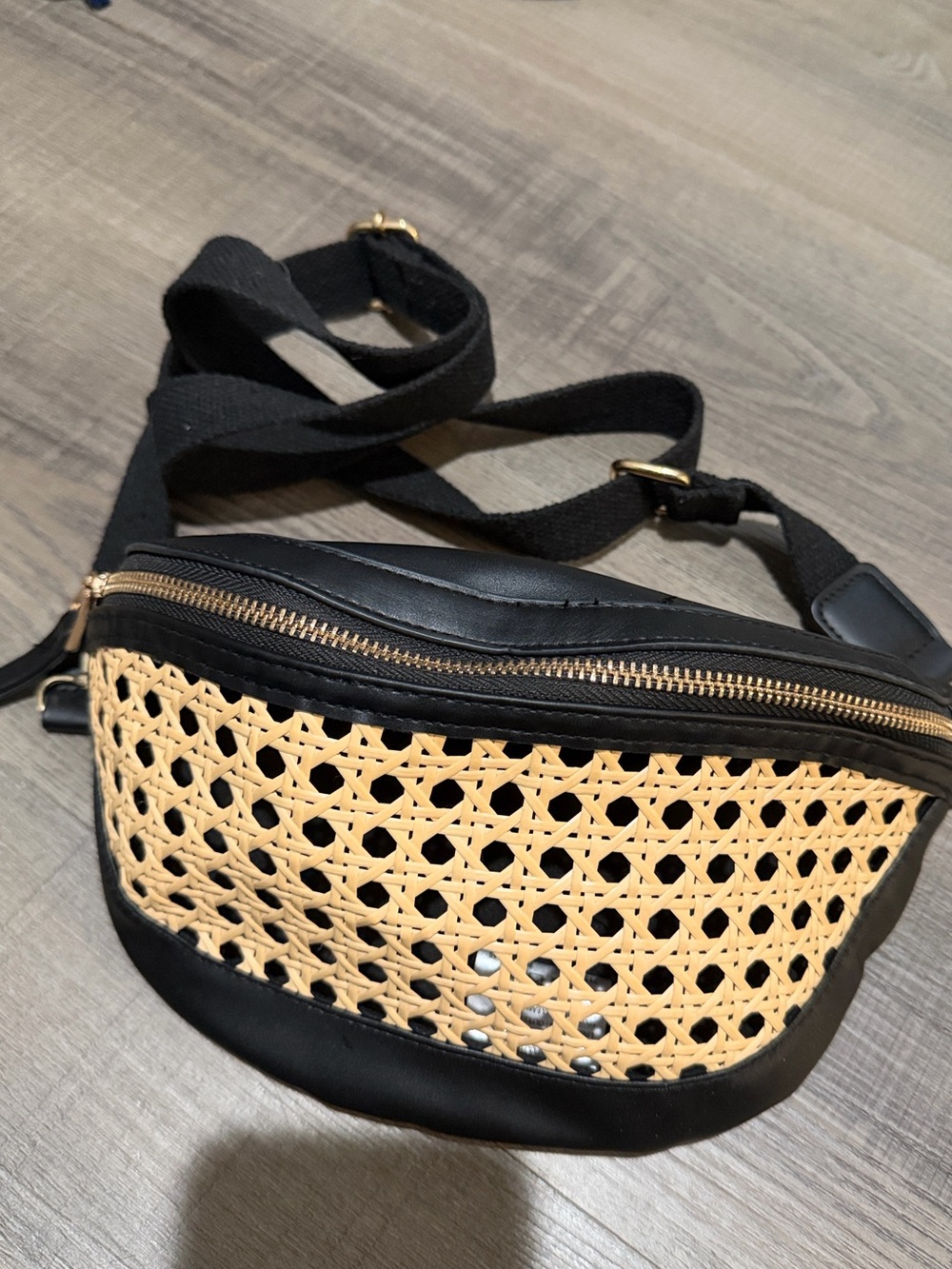 Woven Rattan Front Black Crossbody Belt Bag
